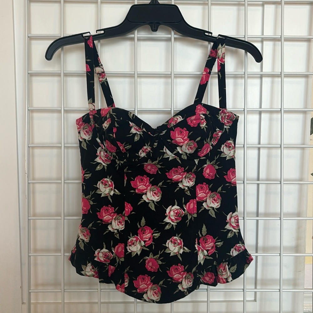 Topshop black floral rose corset bustier top